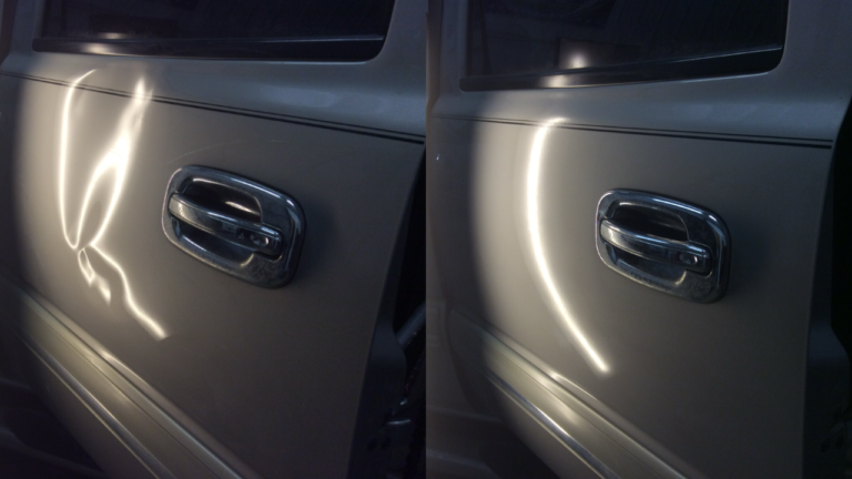 GMC Yukon door dent repair before and after at Bailey’s Auto Body